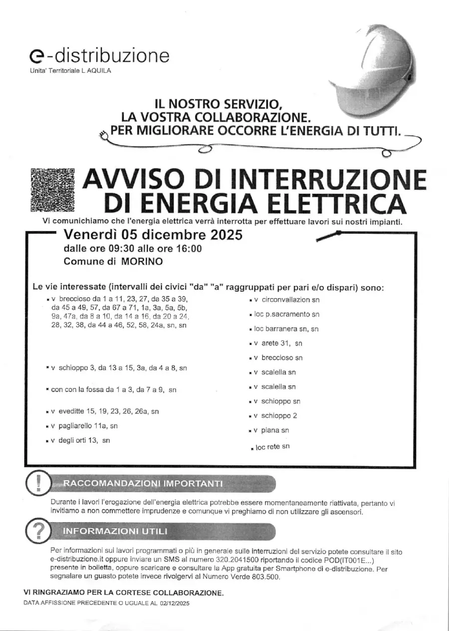 avviso interruzione erogazione energia elettrica per il giorno 5 dicembre 2025